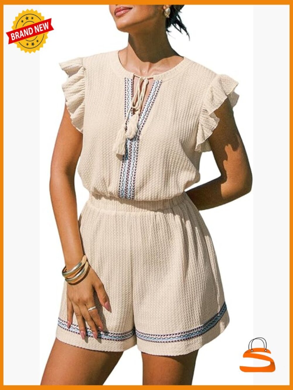 V Neck Romper with Ruffle Sleeve and Smocked Waist